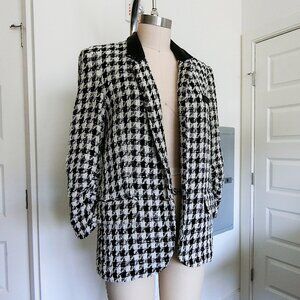 Houndstooth Tweed Leather-Collar Blazer